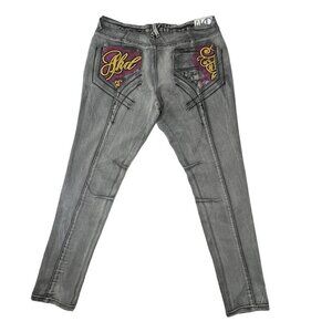 AKADEMIKS Black Wash Distressed Skinny Jeans Size 7 Low-Rise Embroidered Hip-Hop